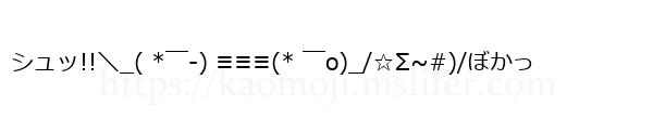 シュッ!!＼_( *￣-) ≡≡≡(* ￣o)_/☆Σ~#)/ぼかっ
-顔文字
